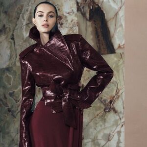 Meshki Archie Croc Faux Leather Cropped Jacket - Burgundy